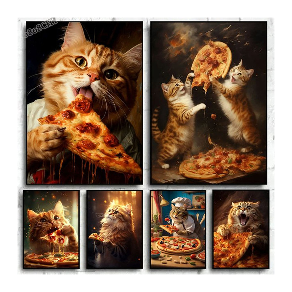Potdemiel Leinwanddruck Wandbild mit lustiger Katze beim Pizzaessen, mehrfarbiges Poster für deine Heimdekoration - Bild 1