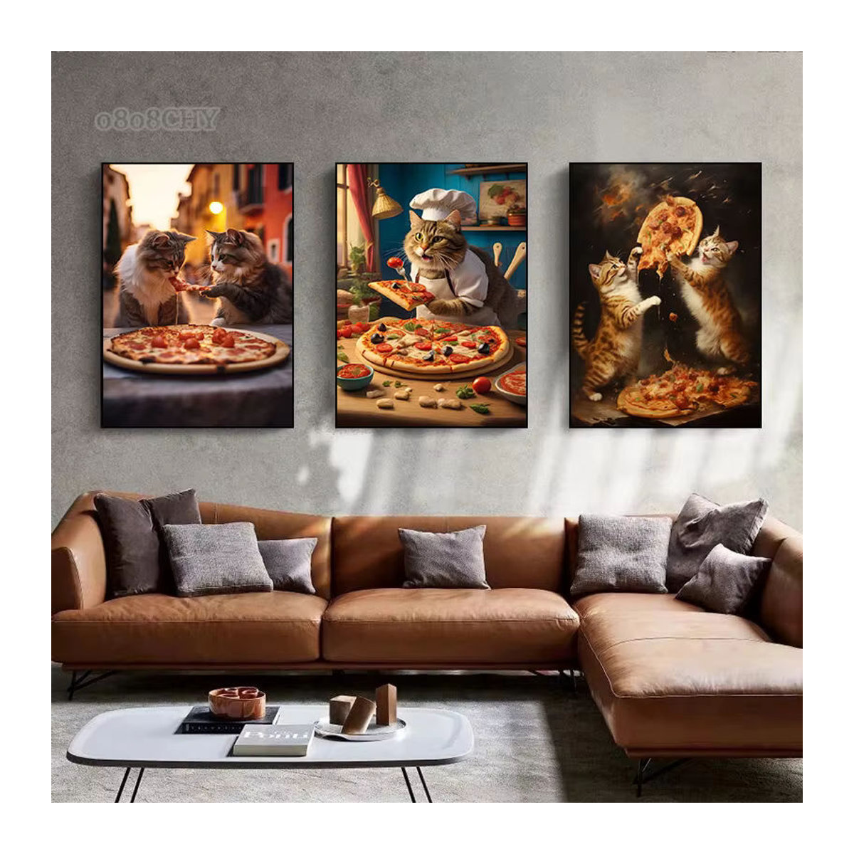 Potdemiel Leinwanddruck Wandbild mit lustiger Katze beim Pizzaessen, mehrfarbiges Poster für deine Heimdekoration - Bild 2