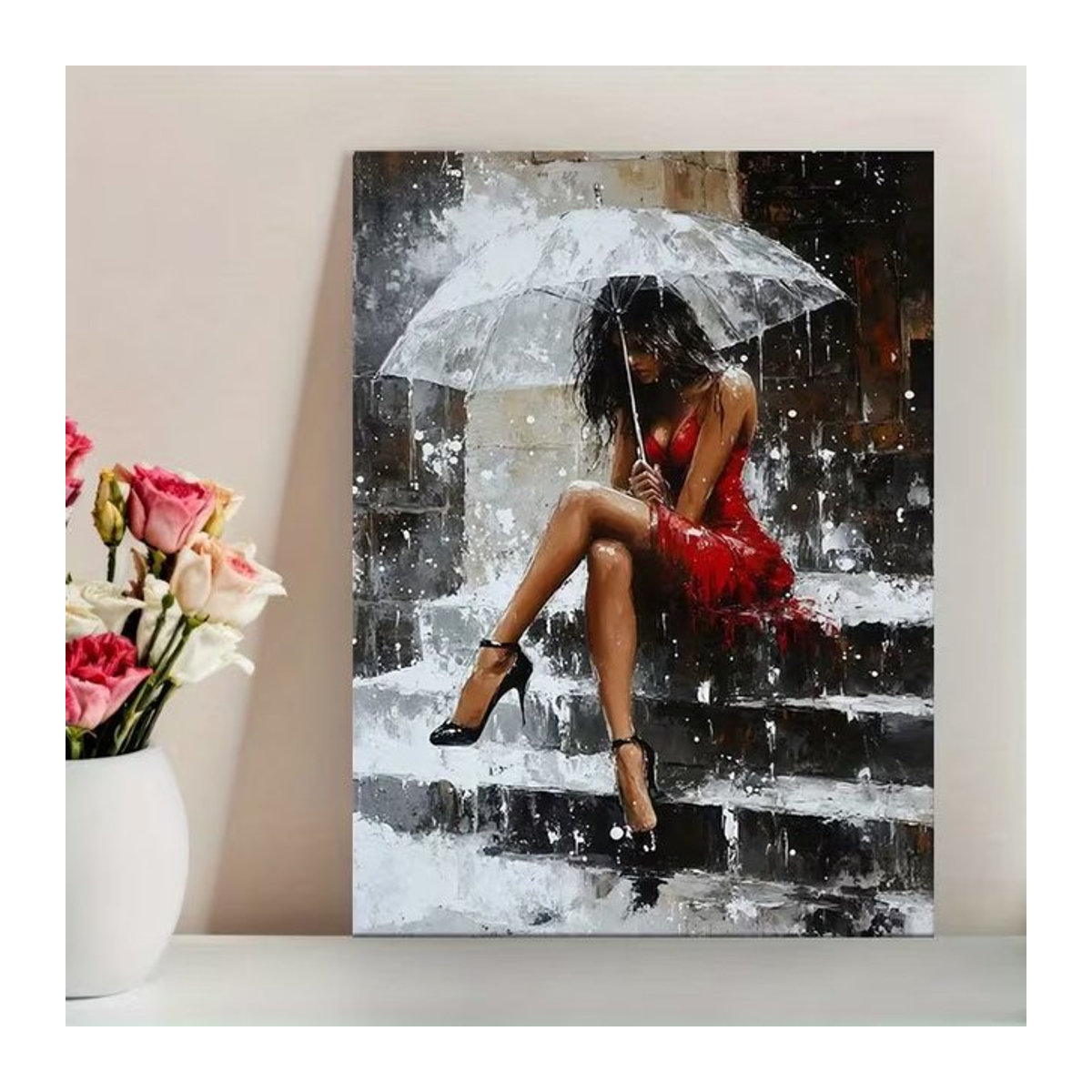 Potdemiel Leinwandgemälde Frau im roten Kleid mit Regenschirm als ästhetisches Wandbild für deine Wohnzimmer Dekoration, Hochformat, mehrfarbig - Bild 1