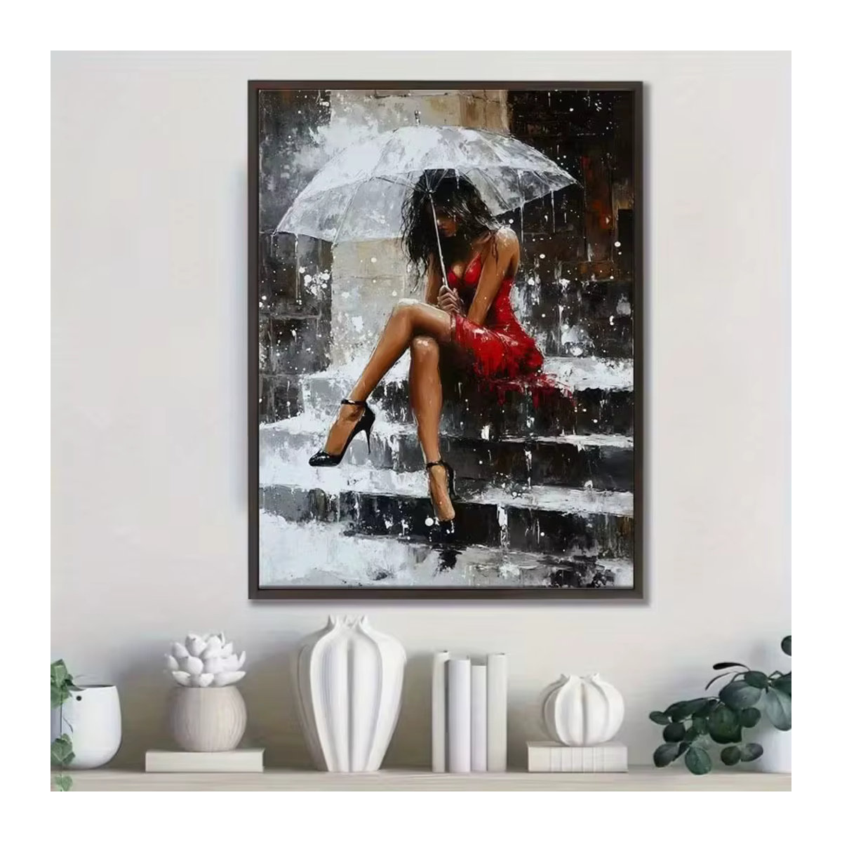 Potdemiel Leinwandgemälde Frau im roten Kleid mit Regenschirm als ästhetisches Wandbild für deine Wohnzimmer Dekoration, Hochformat, mehrfarbig - Bild 2