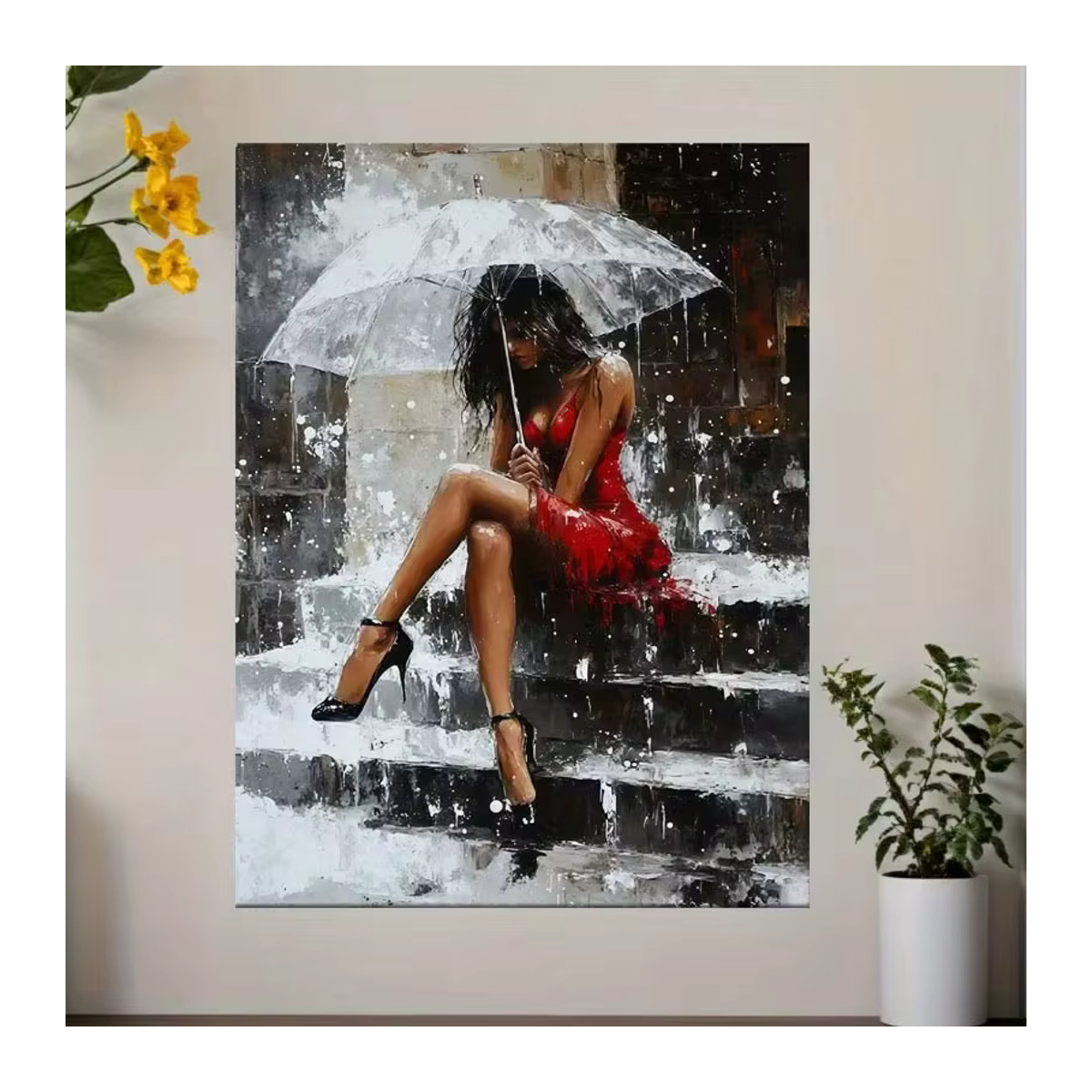 Potdemiel Leinwandgemälde Frau im roten Kleid mit Regenschirm als ästhetisches Wandbild für deine Wohnzimmer Dekoration, Hochformat, mehrfarbig - Bild 3