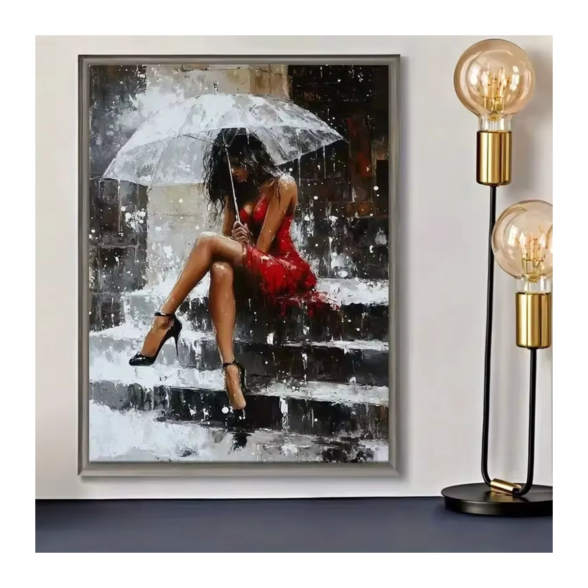 Potdemiel Leinwandgemälde Frau im roten Kleid mit Regenschirm als ästhetisches Wandbild für deine Wohnzimmer Dekoration, Hochformat, mehrfarbig - Bild 4