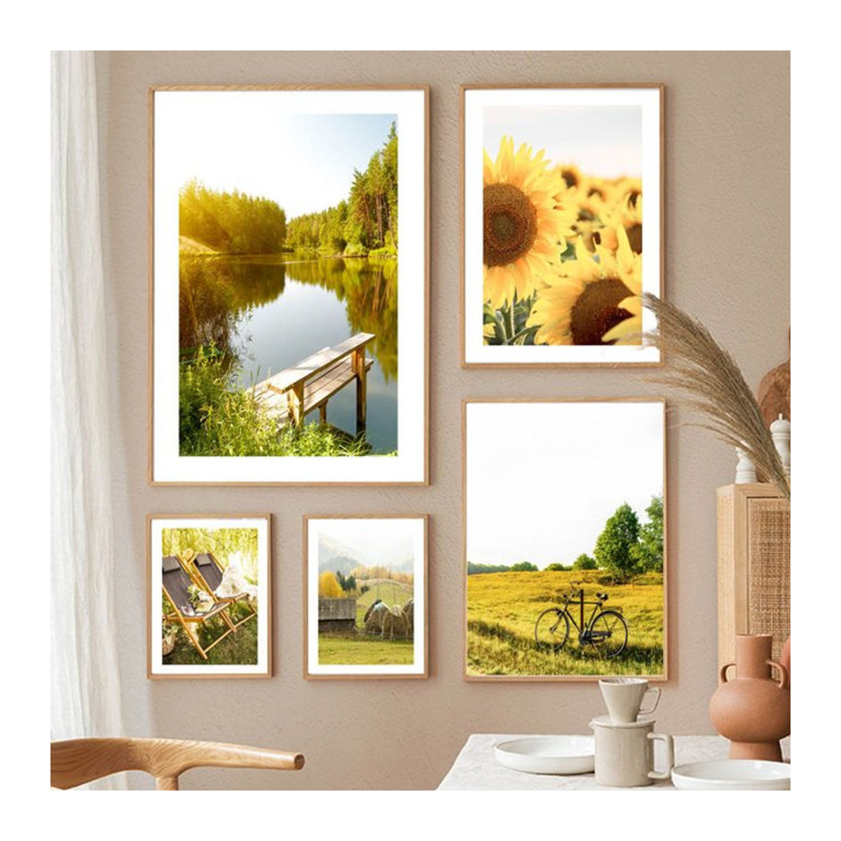Potdemiel Leinwandgemälde Frühlings-Sonnenblumen-Idyllische-See-Landschaft als modernes Wandbild in mehrfarbigem Floral-Design im Hochformat - Bild 1