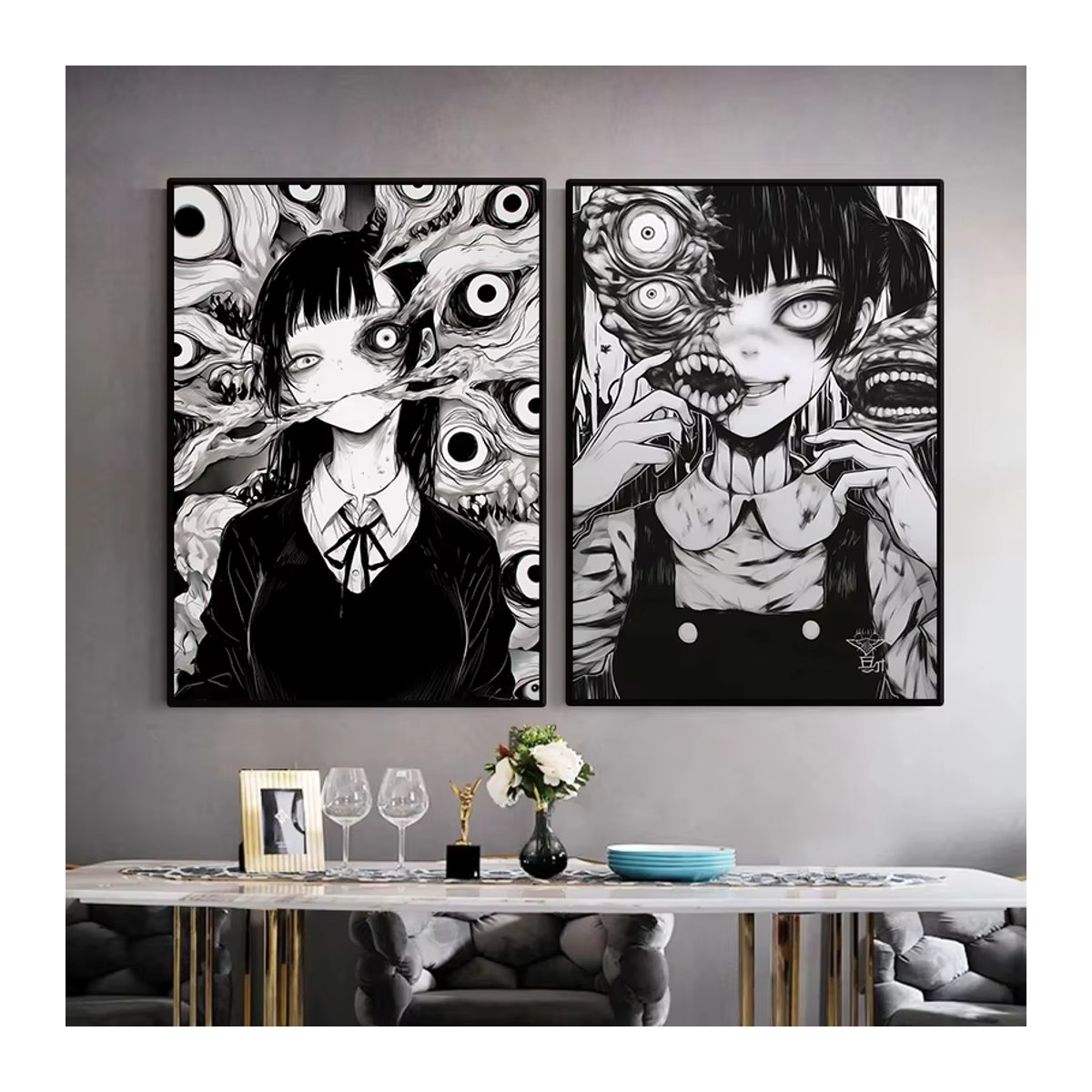 Potdemiel Leinwandgemälde Japanisches Horror-Mädchen Comic-Poster in Schwarz-Weiß mit Monsteraugen und genähter Puppe als Wandkunst für dein Wohnzimmer - Bild 2