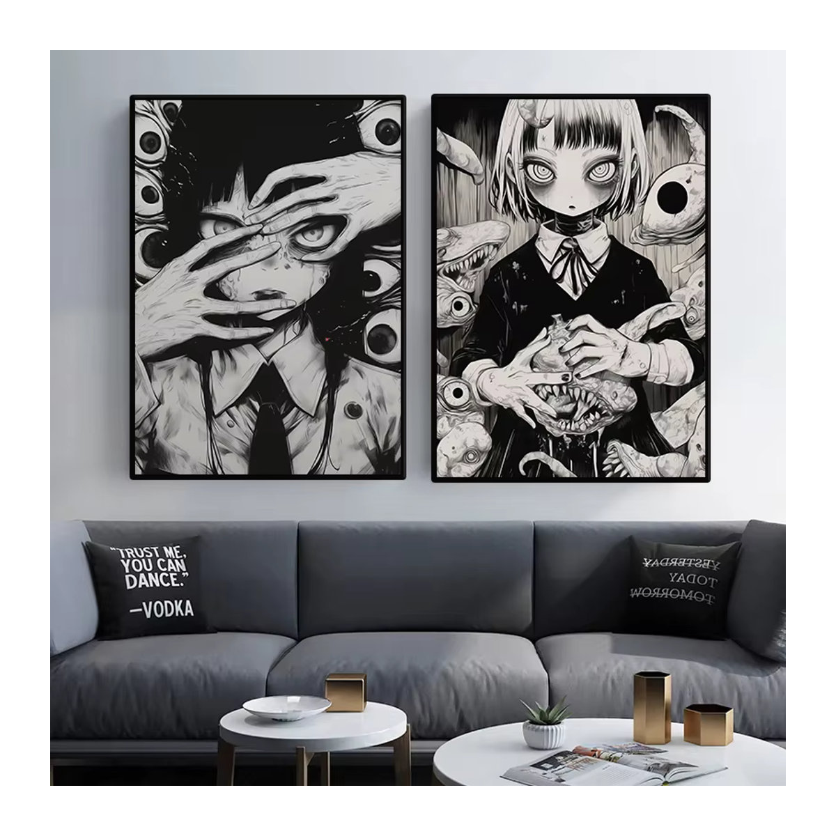 Potdemiel Leinwandgemälde Japanisches Horror-Mädchen Comic-Poster in Schwarz-Weiß mit Monsteraugen und genähter Puppe als Wandkunst für dein Wohnzimmer - Bild 3