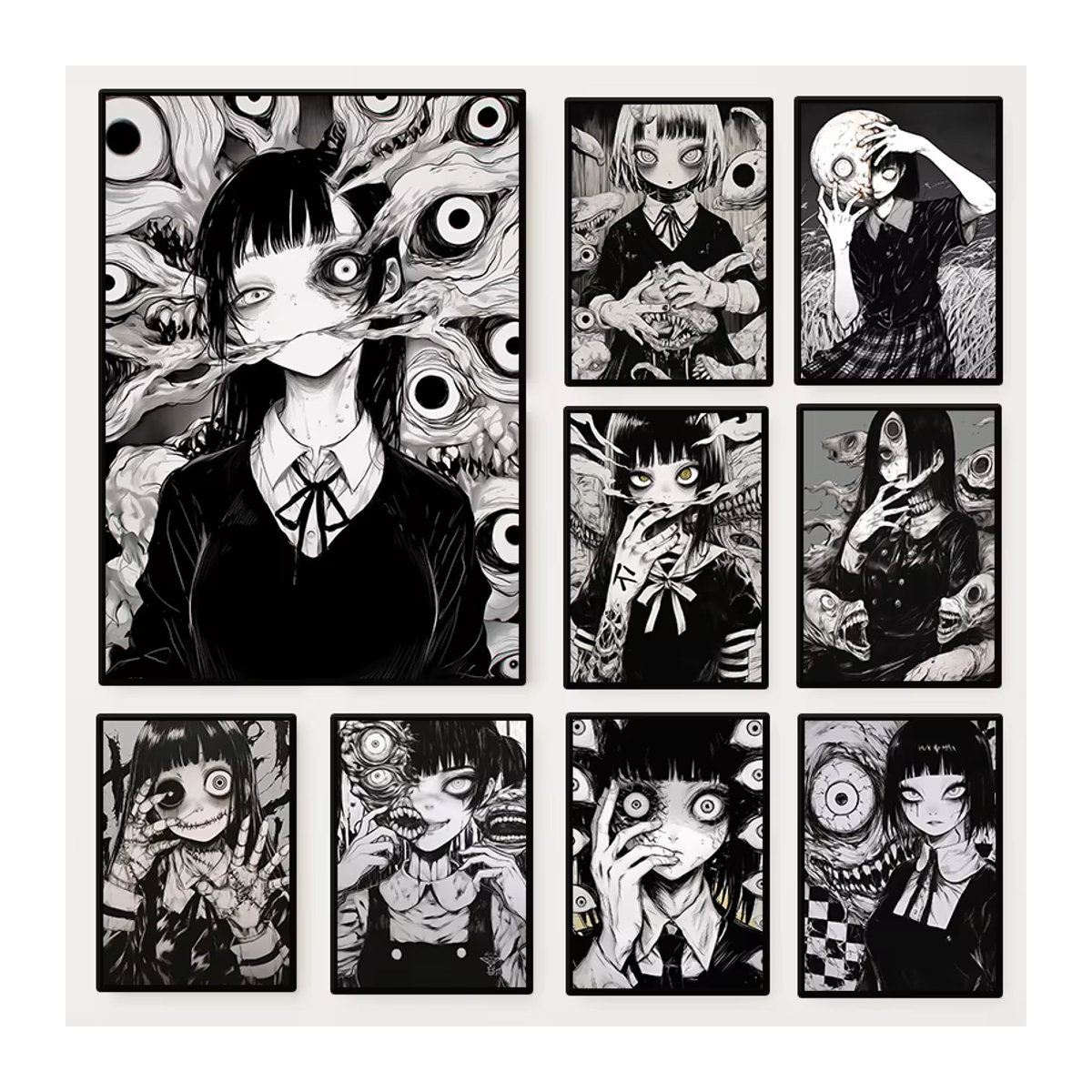 Potdemiel Leinwandgemälde Japanisches Horror-Mädchen Comic-Poster in Schwarz-Weiß mit Monsteraugen und genähter Puppe als Wandkunst für dein Wohnzimmer - Bild 4