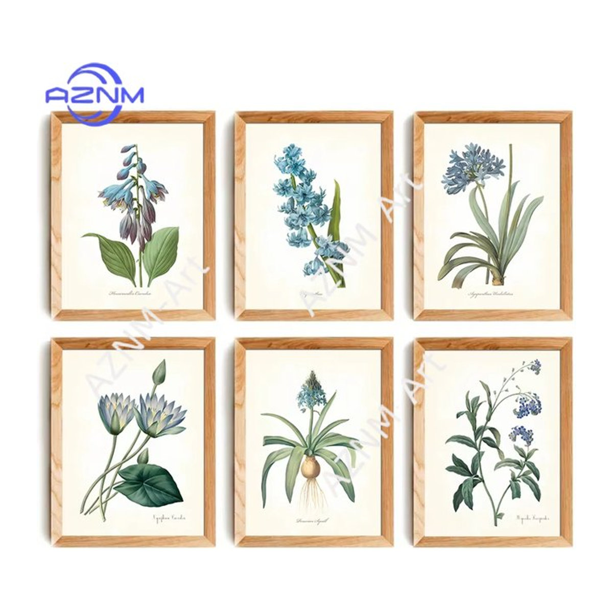 Potdemiel Leinwandgemälde mit botanischen blauen Blumen und grünen Blättern im Vintage-Stil, rahmenloses Wandbild für deine Heimdekoration - Bild 1