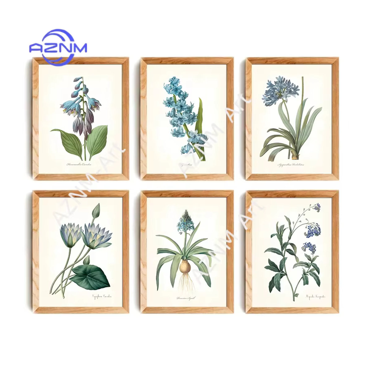 Potdemiel Leinwandgemälde mit botanischen blauen Blumen und grünen Blättern im Vintage-Stil, rahmenloses Wandbild für deine Heimdekoration - Bild 3