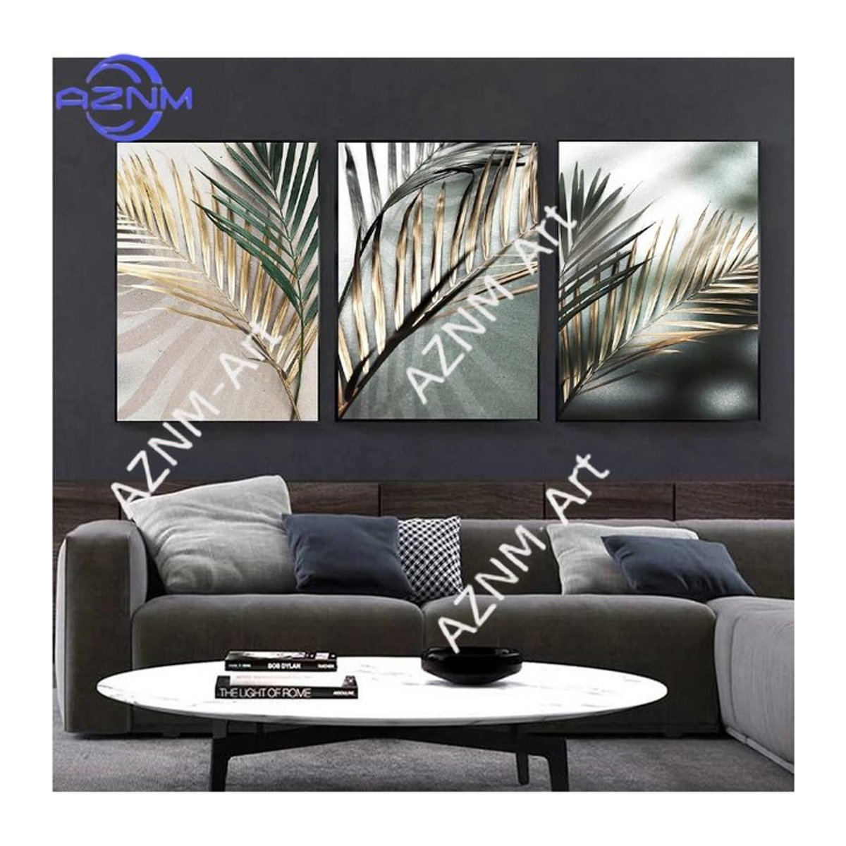 Potdemiel Leinwandgemälde mit goldenem Palmenblatt im nordischen Stil, florale Kunstposter für deine Wanddekoration, mehrfarbig - Bild 1