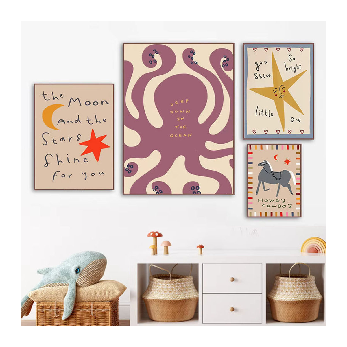 Potdemiel Leinwandgemälde mit lustigen Tieren, Tiger und Oktopus unter Mond und Sternen, mehrfarbige Wandkunst für Kinderzimmer als Dekoration - Bild 1