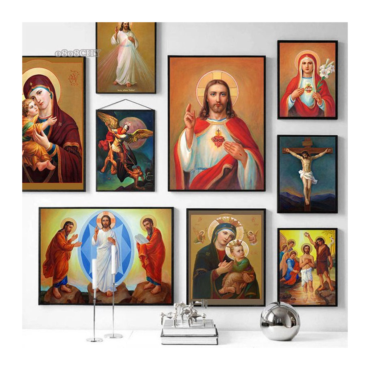 Potdemiel Leinwandgemälde mit Mutter Gottes, Jesus Christus und Nikolaus in mehrfarbigem Porträt im Hochformat - Bild 1