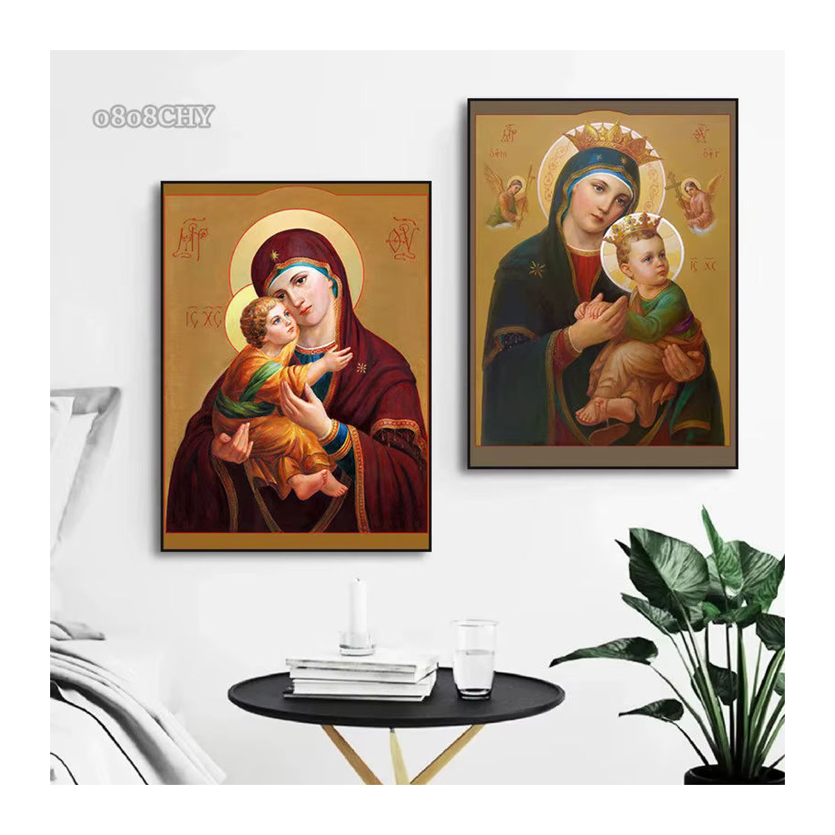 Potdemiel Leinwandgemälde mit Mutter Gottes, Jesus Christus und Nikolaus in mehrfarbigem Porträt im Hochformat - Bild 2