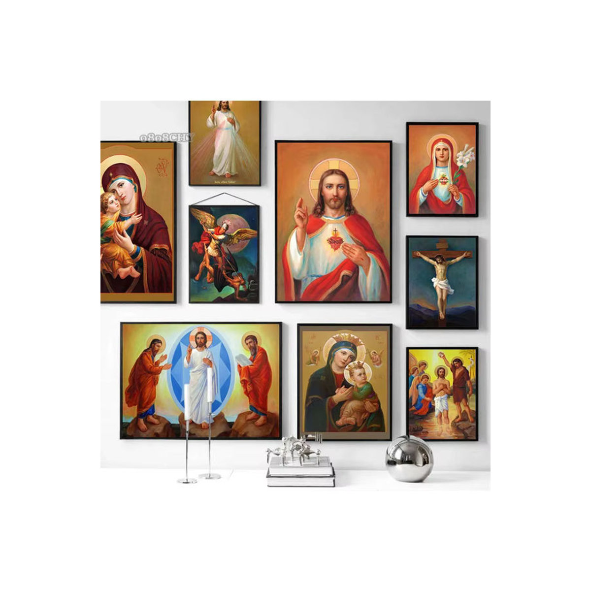 Potdemiel Leinwandgemälde mit Mutter Gottes, Jesus Christus und Nikolaus in mehrfarbigem Porträt im Hochformat - Bild 3