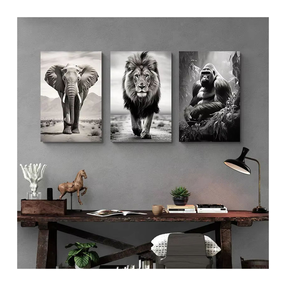 Potdemiel Leinwandgemälde mit Tier-Motiven Löwe, Elefant und Gorilla in Schwarz-Weiß für moderne Wanddekoration - Bild 1