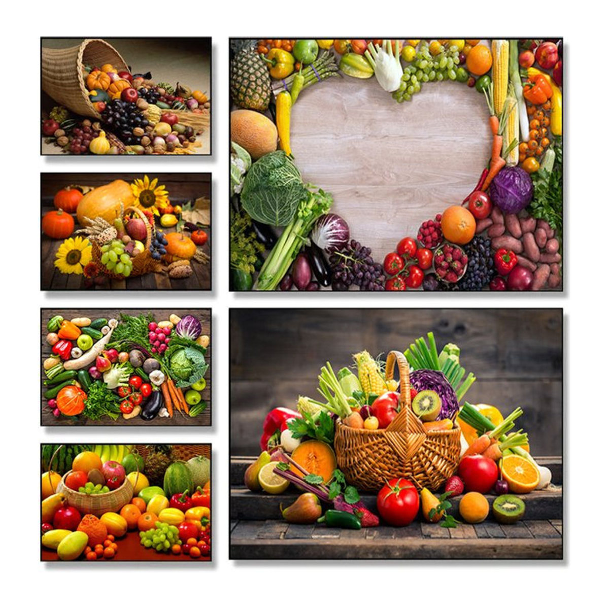 Potdemiel Leinwandgemälde Nordisches Gemüse und Obst im Korb, Mehrfarbiges Wandbild im Querformat für Küche und Esszimmer - Bild 1
