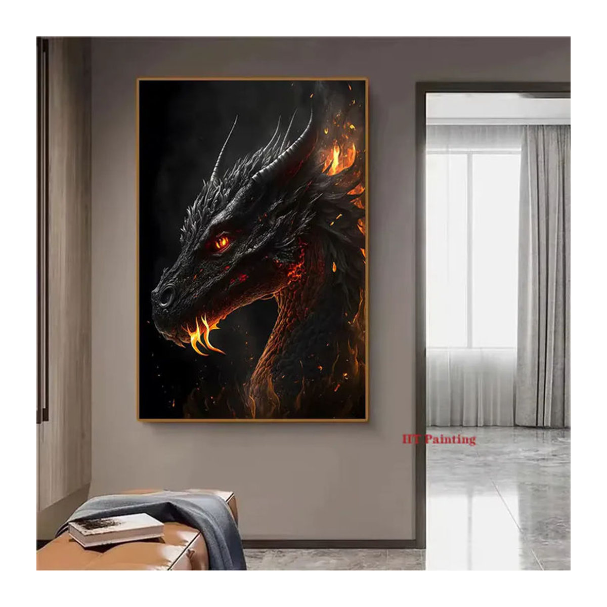 Potdemiel Leinwandgemälde Schwarzer Drache Abstrakt Orientalische Wandkunst Mehrfarbig - Bild 3