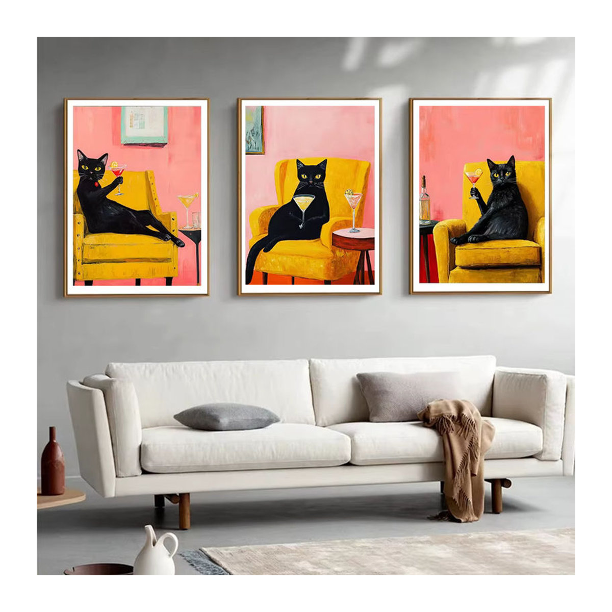 Potdemiel Leinwandgemälde-Set mit schwarzer Katze und Martini-Cocktail in Rosa, modernes Wandbild für deine Dekoration - Bild 2