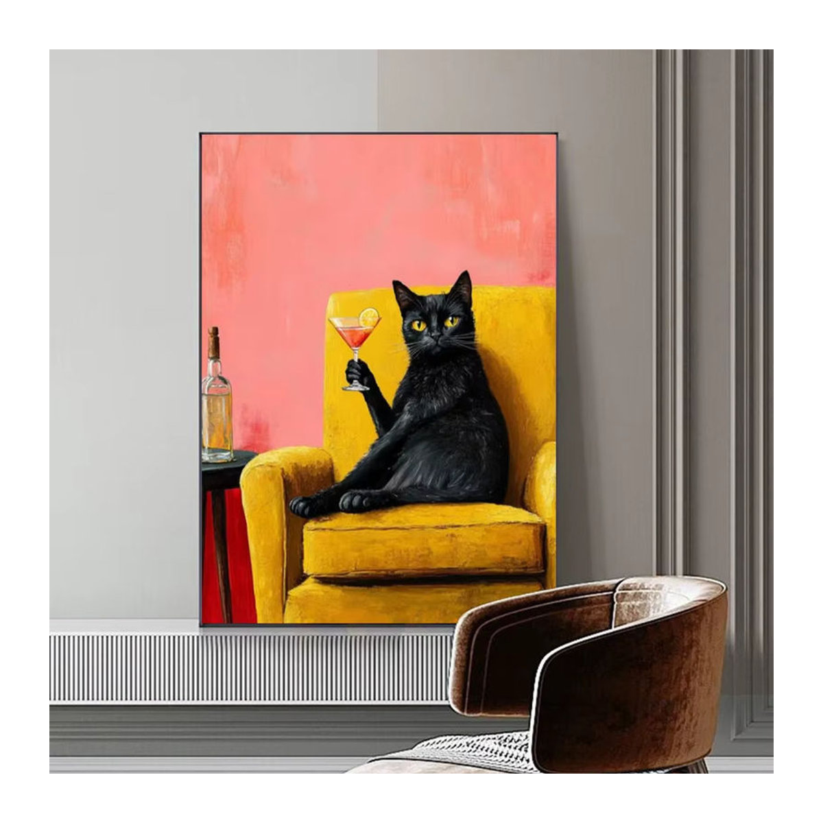 Potdemiel Leinwandgemälde-Set mit schwarzer Katze und Martini-Cocktail in Rosa, modernes Wandbild für deine Dekoration - Bild 3