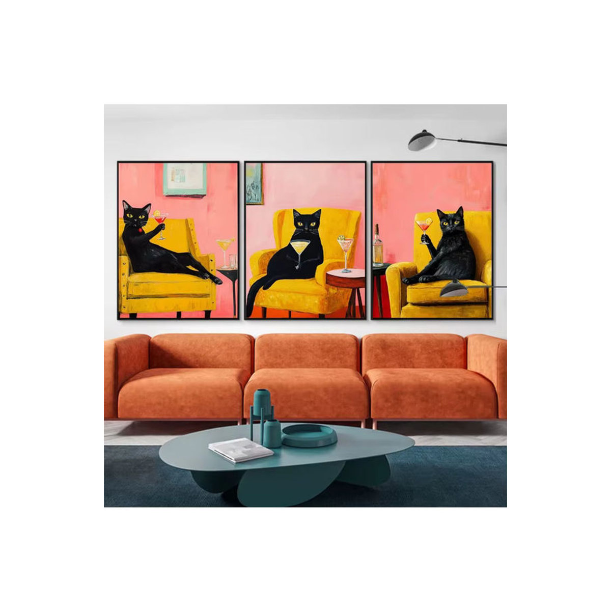Potdemiel Leinwandgemälde-Set mit schwarzer Katze und Martini-Cocktail in Rosa, modernes Wandbild für deine Dekoration - Bild 4