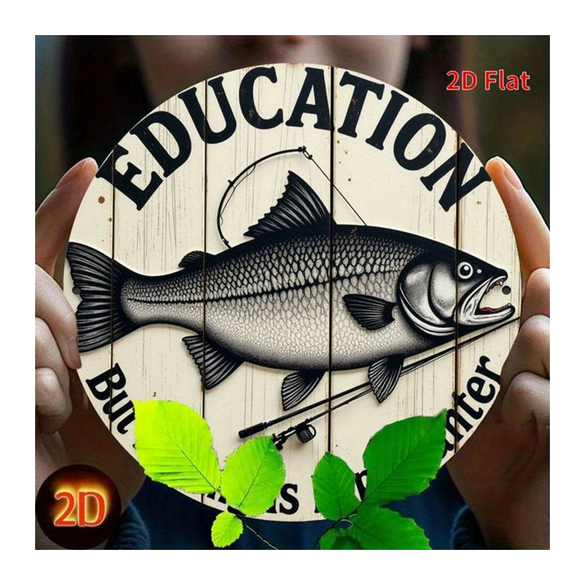 Potdemiel Metall-Wandschild Education Important But Fishing More Important in Weiß, rustikales quadratisches Dekoschild aus Eisen - Bild 1