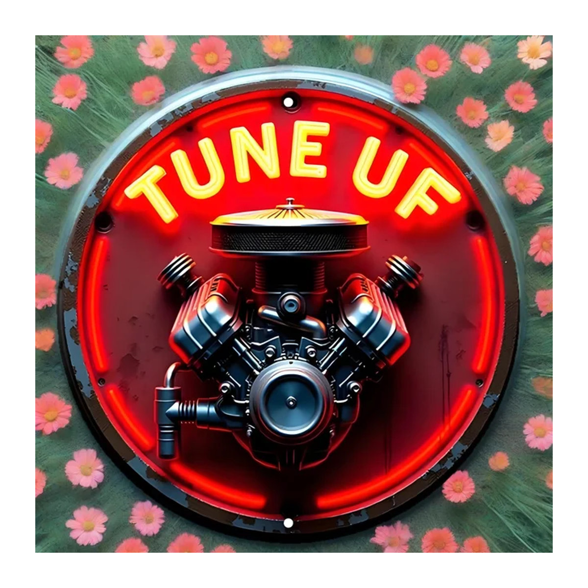 Potdemiel Metallschild Distressed Vintage Neon Engine in Rot für die Wandmontage B/H: 20 x 20 cm - Bild 1