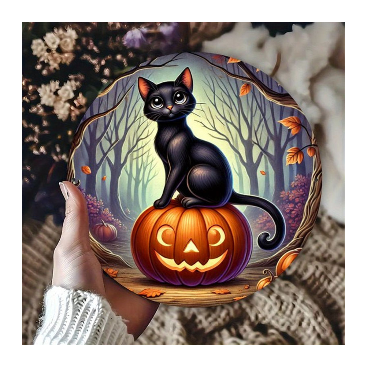 Potdemiel Metallschild Halloween Kürbis und Katze, runde Blechwanddekoration mehrfarbig, Durchmesser: 20,3 cm - Bild 1