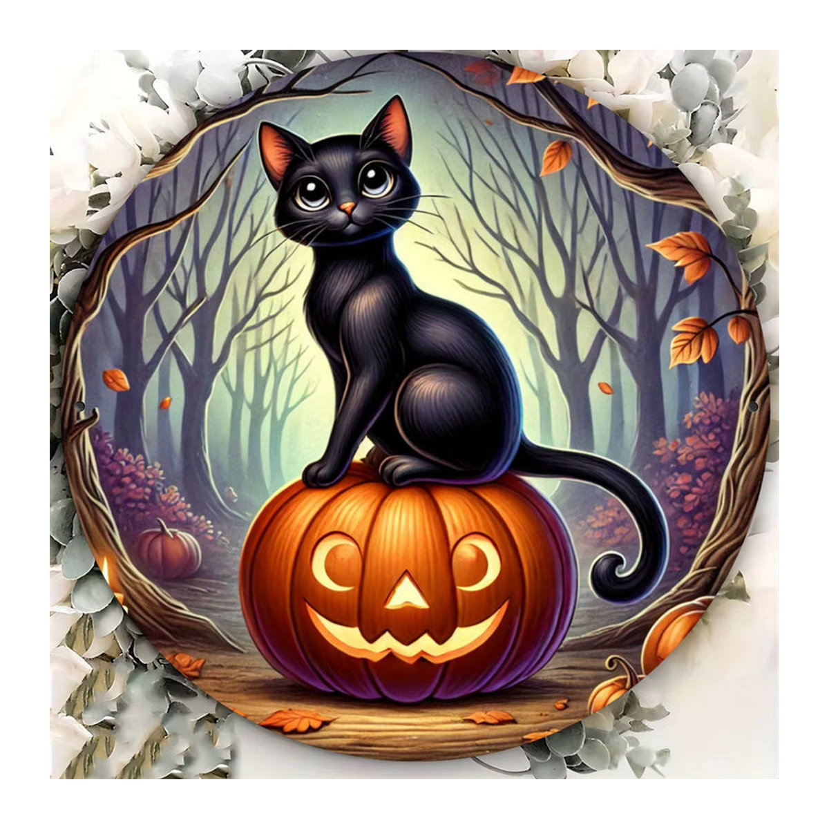 Potdemiel Metallschild Halloween Kürbis und Katze, runde Blechwanddekoration mehrfarbig, Durchmesser: 20,3 cm - Bild 3