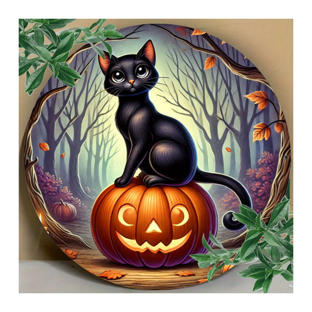 Potdemiel Metallschild Halloween Kürbis und Katze, runde Blechwanddekoration mehrfarbig, Durchmesser: 20,3 cm - Bild 5