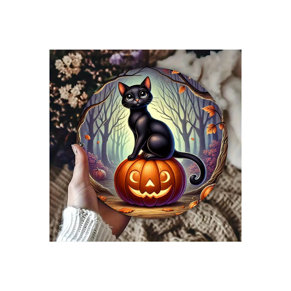 Potdemiel Metallschild Halloween Kürbis und Katze, runde Blechwanddekoration mehrfarbig, Durchmesser: 20,3 cm - Bild 6