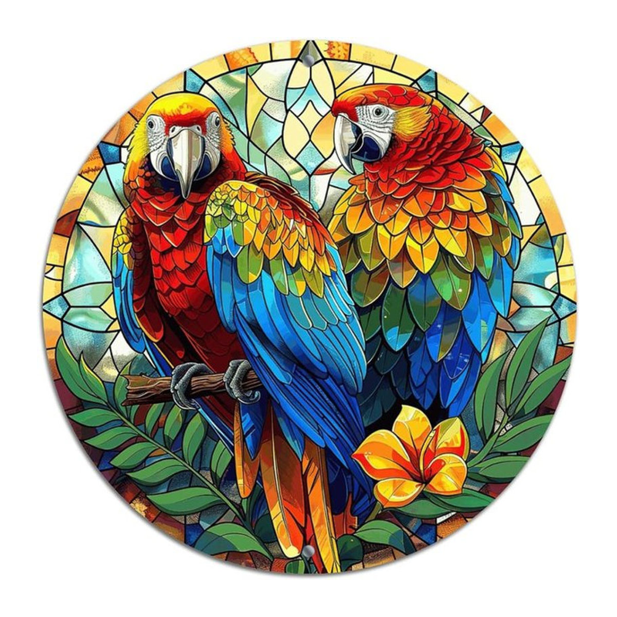 Potdemiel Metallschild Papagei im Buntglas-Stil mit Blumenmuster, mehrfarbig, quadratisch, B/B/B: 20,3 x 20,3 x 0,2 cm - Bild 1