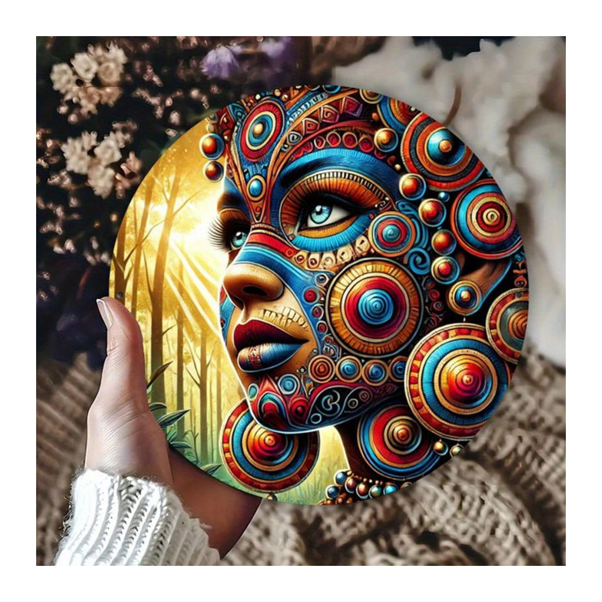 Potdemiel Metallschild Vibrant Tribal Face Paint Art Design, runde Wanddekoration im Bohemian Stil, mehrfarbig, Durchmesser: 20,3 cm - Bild 1