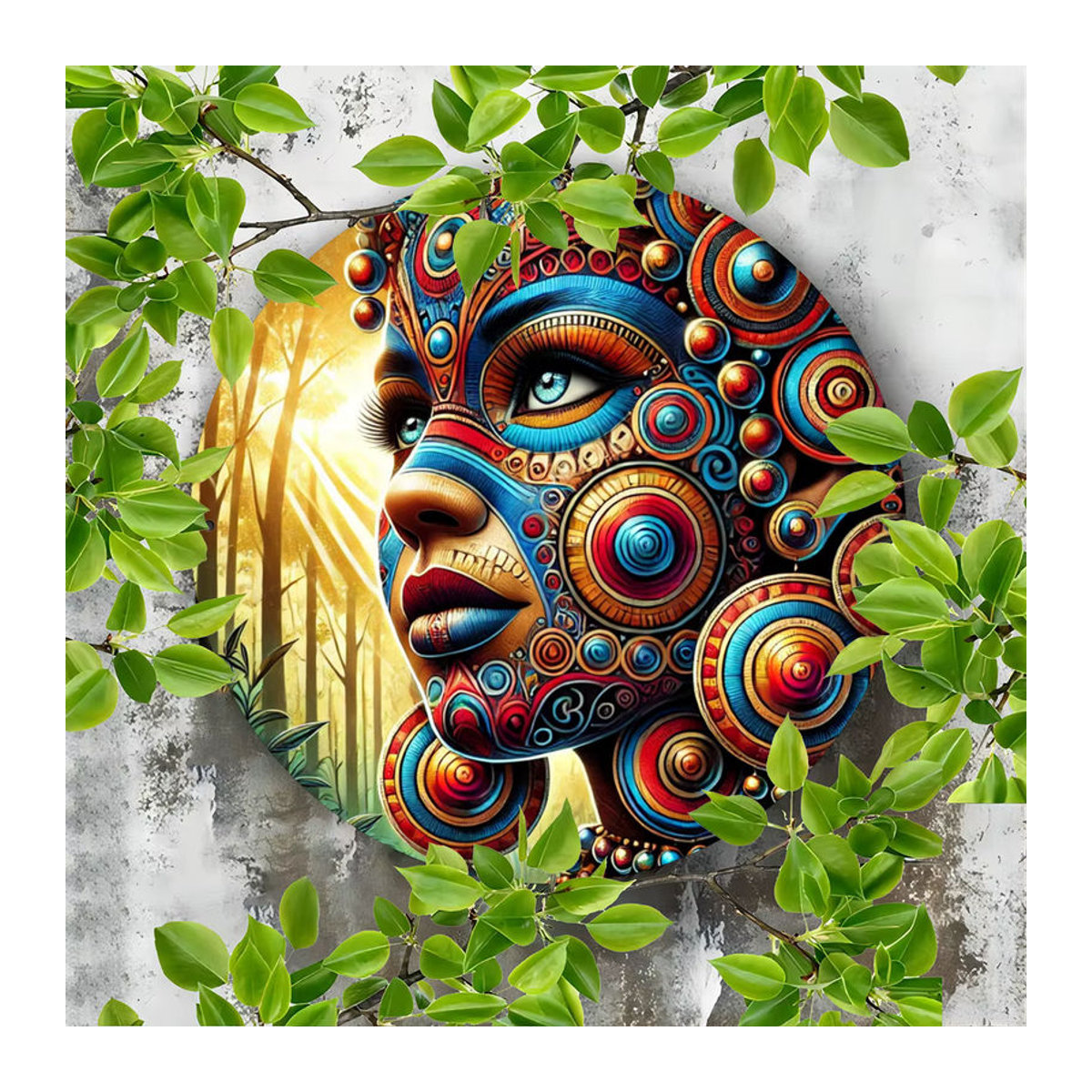 Potdemiel Metallschild Vibrant Tribal Face Paint Art Design, runde Wanddekoration im Bohemian Stil, mehrfarbig, Durchmesser: 20,3 cm - Bild 2