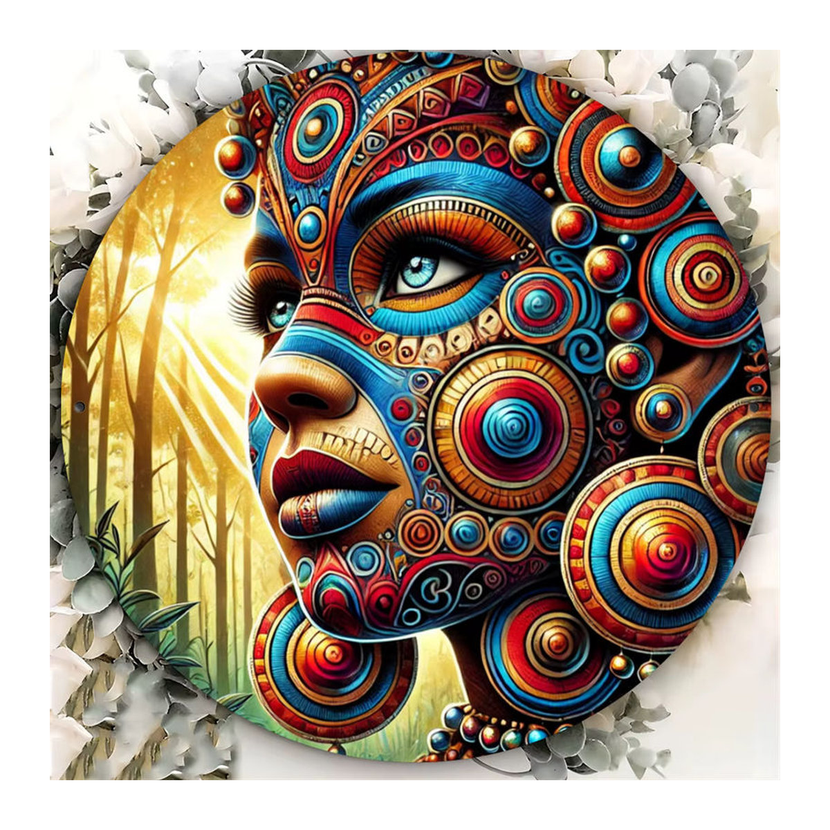 Potdemiel Metallschild Vibrant Tribal Face Paint Art Design, runde Wanddekoration im Bohemian Stil, mehrfarbig, Durchmesser: 20,3 cm - Bild 3