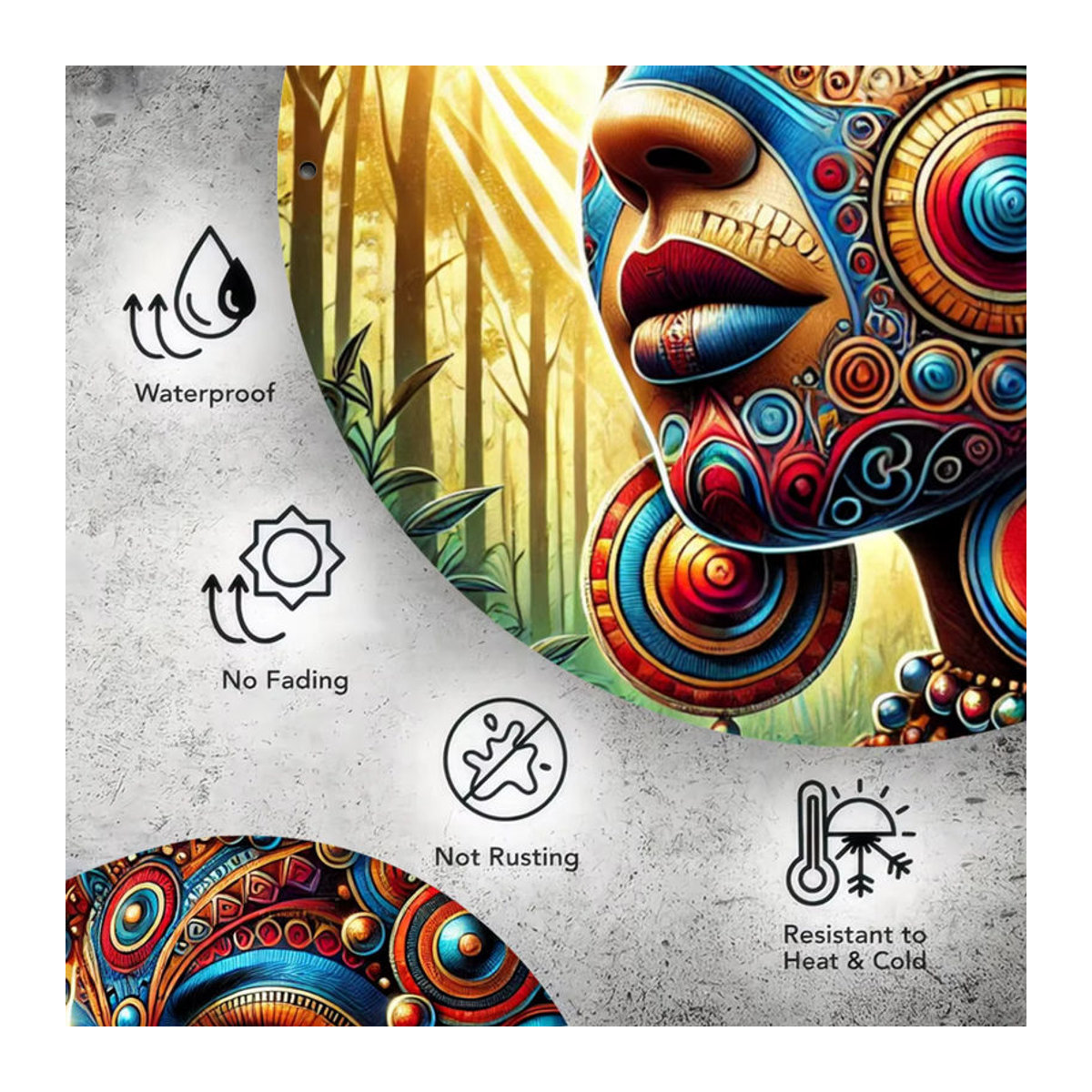 Potdemiel Metallschild Vibrant Tribal Face Paint Art Design, runde Wanddekoration im Bohemian Stil, mehrfarbig, Durchmesser: 20,3 cm - Bild 4