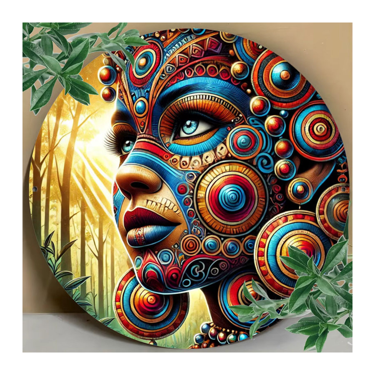 Potdemiel Metallschild Vibrant Tribal Face Paint Art Design, runde Wanddekoration im Bohemian Stil, mehrfarbig, Durchmesser: 20,3 cm - Bild 5
