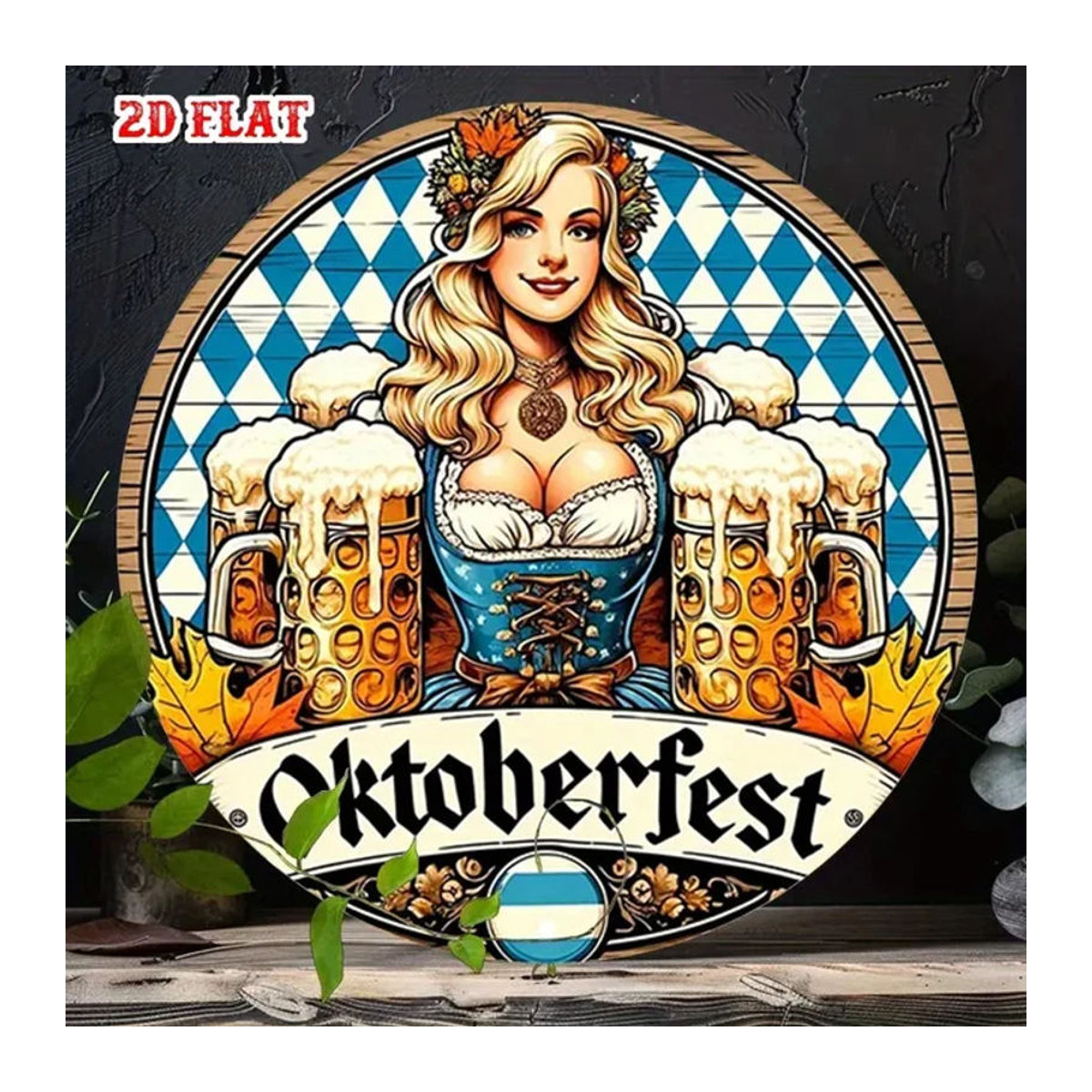 Potdemiel Metallwanddekoration Oktoberfest Biermädchen in Blau und Weiß im Vintage-Stil - Bild 1