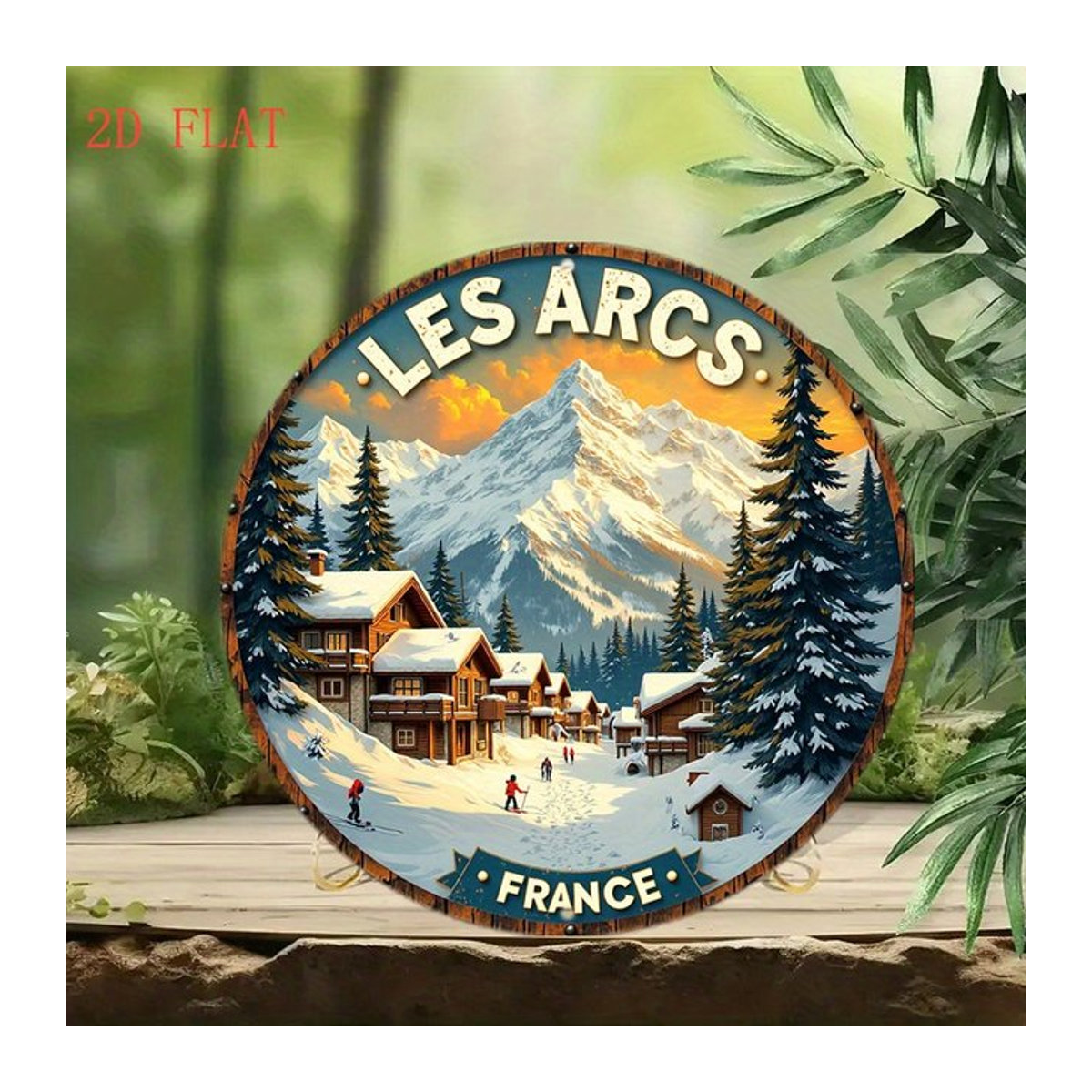 Potdemiel Metallwandkunst Les Arcs Ski Resort Frankreich Rundschild Winterszene mit Berghütten und Skiliften, Durchmesser: 20,32 cm, mehrfarbig - Bild 1