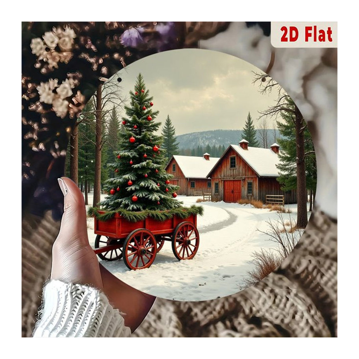 Potdemiel Metallwandkunst Rundes Aluminiumschild Vintage Weihnachtsbaum im roten Wagen mit Winterszene in Rot, Weiß und Mehrfarbig - Bild 1