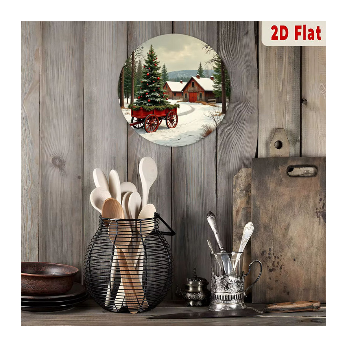 Potdemiel Metallwandkunst Rundes Aluminiumschild Vintage Weihnachtsbaum im roten Wagen mit Winterszene in Rot, Weiß und Mehrfarbig - Bild 4