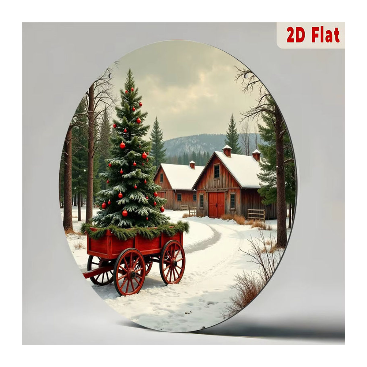 Potdemiel Metallwandkunst Rundes Aluminiumschild Vintage Weihnachtsbaum im roten Wagen mit Winterszene in Rot, Weiß und Mehrfarbig - Bild 5