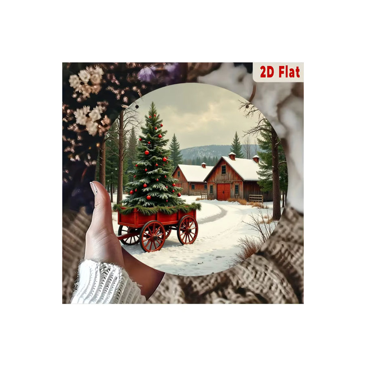 Potdemiel Metallwandkunst Rundes Aluminiumschild Vintage Weihnachtsbaum im roten Wagen mit Winterszene in Rot, Weiß und Mehrfarbig - Bild 6