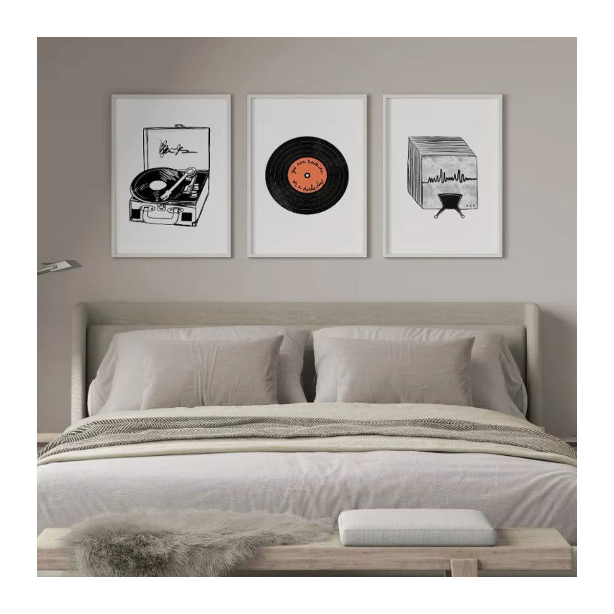 Potdemiel Mid-Century Modern Leinwandbild mit Vinyl Record und Phonograph Motiv in Weiß für deine Wohnzimmerdekoration - Bild 1