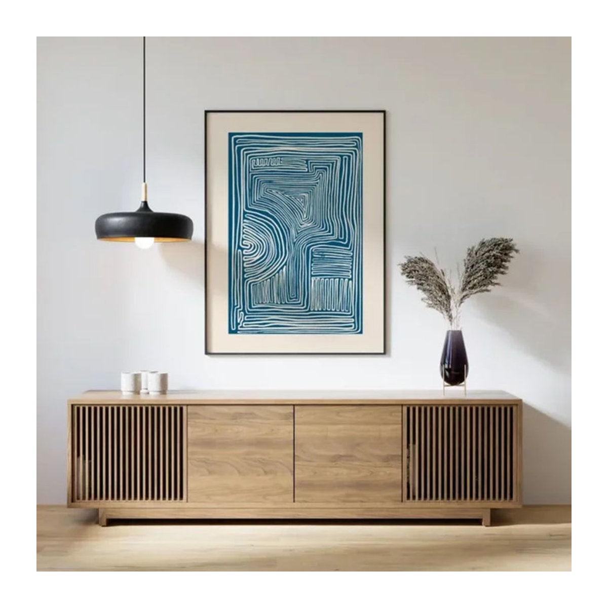 Potdemiel Minimalistische Wanddekoration – Abstraktes Line-Art Leinwandposter in Blau – Modernes Wandkunst Design im Hochformat - Bild 1
