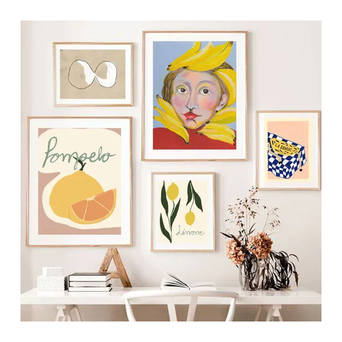 Potdemiel Minimalistisches Aquarell-Poster mit Zitronen und Mädchen-Gesicht, Abstraktes Porträt als Wandkunst aus Papier, Mehrfarbig - Bild 1