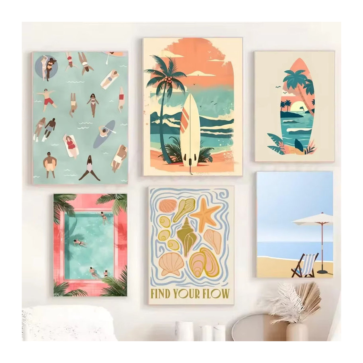 Potdemiel Minimalistisches Kunstposter mit Blumenmuster und Segelboot als selbstklebender wasserfester Papieraufkleber in Mehrfarbig - Bild 2