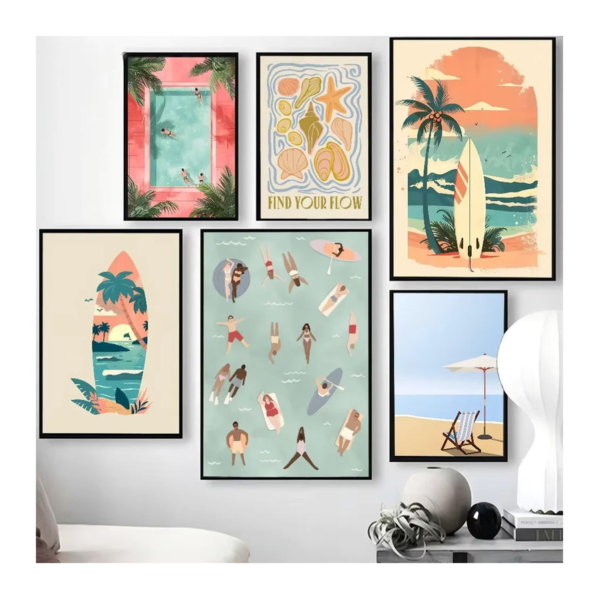 Potdemiel Minimalistisches Kunstposter mit Blumenmuster und Segelboot als selbstklebender wasserfester Papieraufkleber in Mehrfarbig - Bild 3