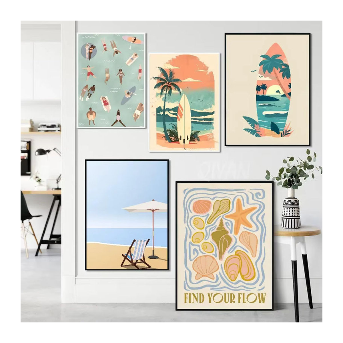 Potdemiel Minimalistisches Kunstposter mit Blumenmuster und Segelboot als selbstklebender wasserfester Papieraufkleber in Mehrfarbig - Bild 4