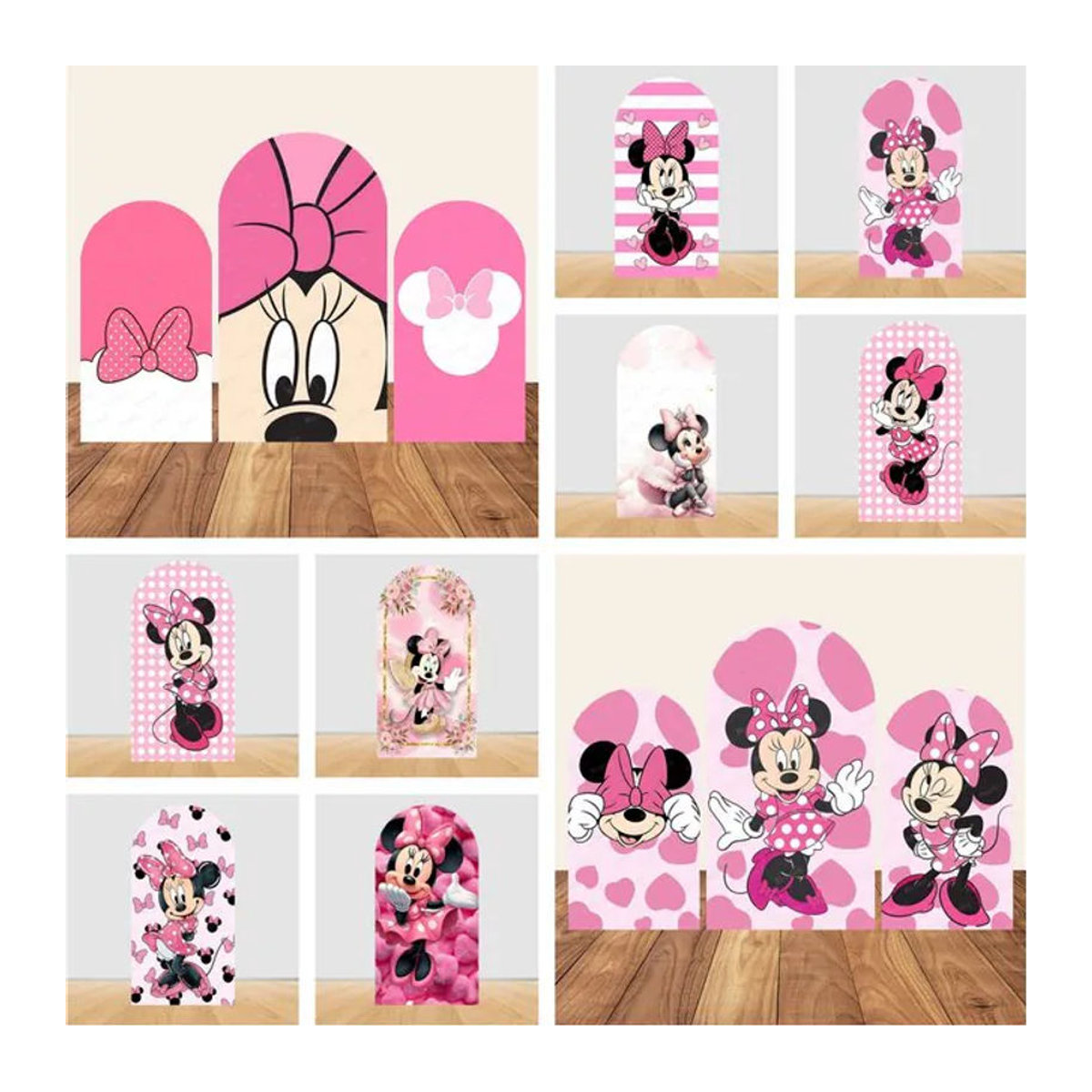 Potdemiel Minnie Maus Bogen-Hintergrundbanner mit rosa Punkten aus elastischem Textil für Geburtstag und Babyparty, B/H: 120 x 50 cm - Bild 1