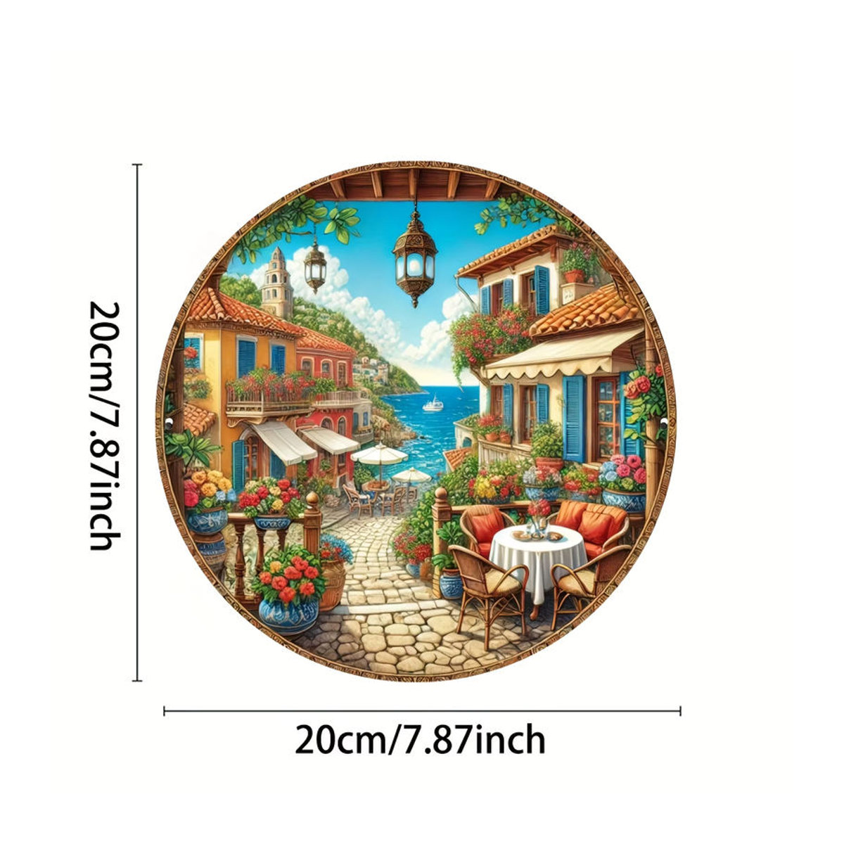 Potdemiel Mittelmeer-Küstenwandkunst rundes Aluminium-Metallschild mit maritimem Landschaftsmotiv, mehrfarbig, Durchmesser: 20 cm - Bild 3