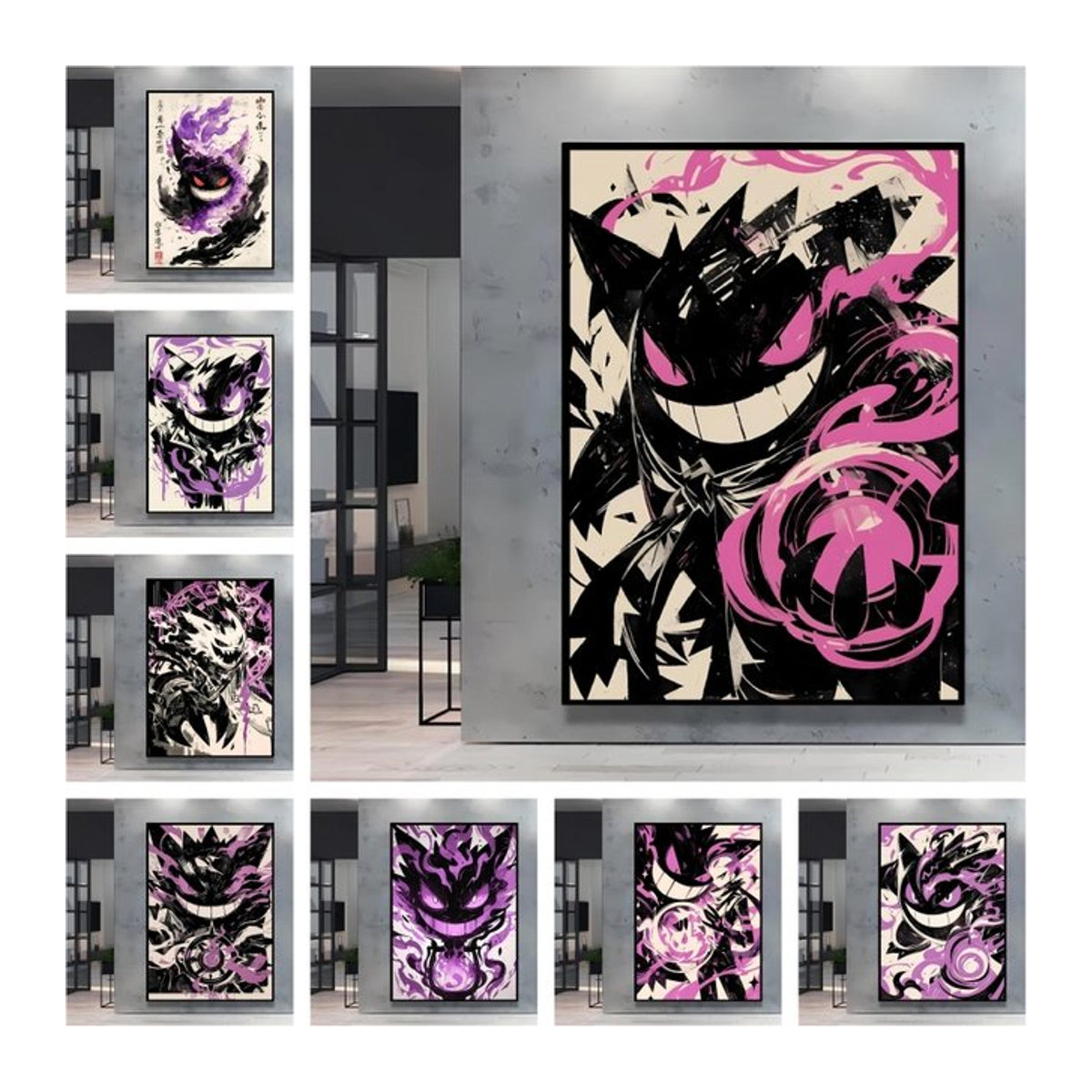 Potdemiel Pokémon Gengar Wandbild im dunklen Stil, lila Cartoon-Charakter als hochwertiges Diamant-Gemälde für deine Wohnzimmer-Dekoration, Hochformat, Rahmenlos - Bild 1